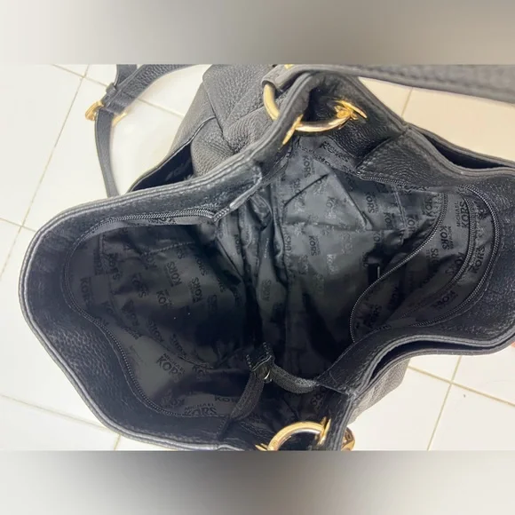 Michael Kors Bedford Large Black Pebbled Leather Shoulder Bag Gold Chain Hobo - Picture 11 of 13